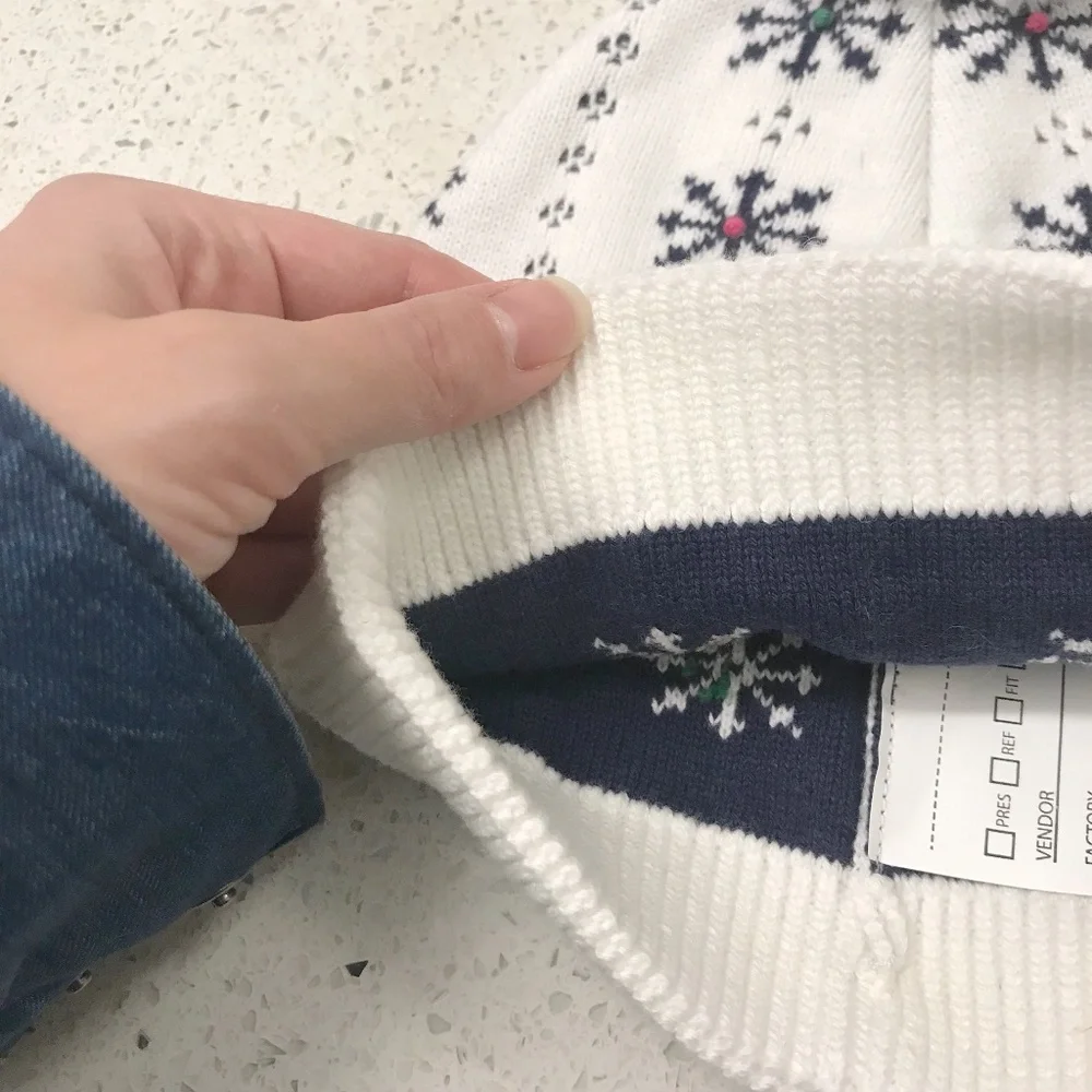 Kids Youth White & Navy Snowflake Pom Pom Beanie With Rainbow Dots